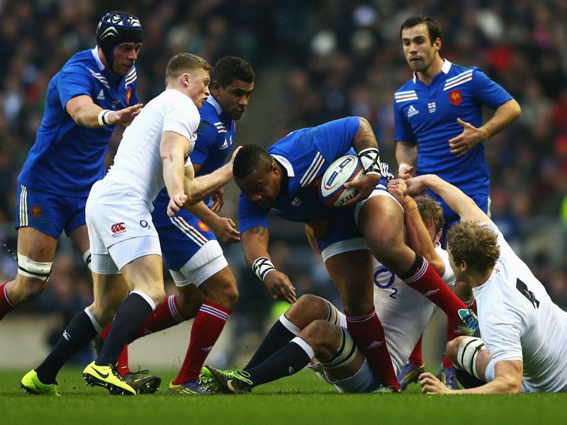 Centre Mathieu Bastareaud makes some typically hard yards for France