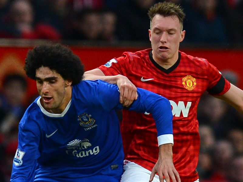 United youngster Jones is pitted in a battle against Everton danger-man Marouane Fellaini in midfield.