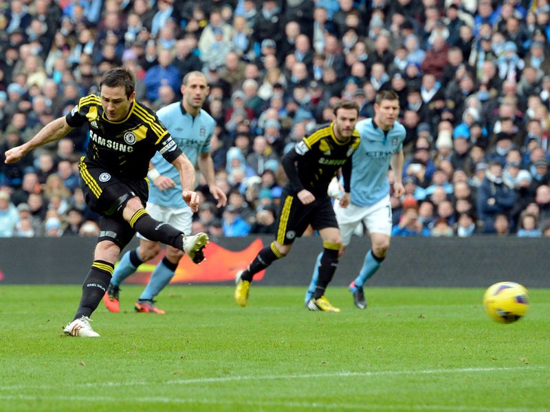 Frank Lampard tries his luck from the penalty spot after Joe Hart brings down Demba Ba but his effort is foiled by the keeper.