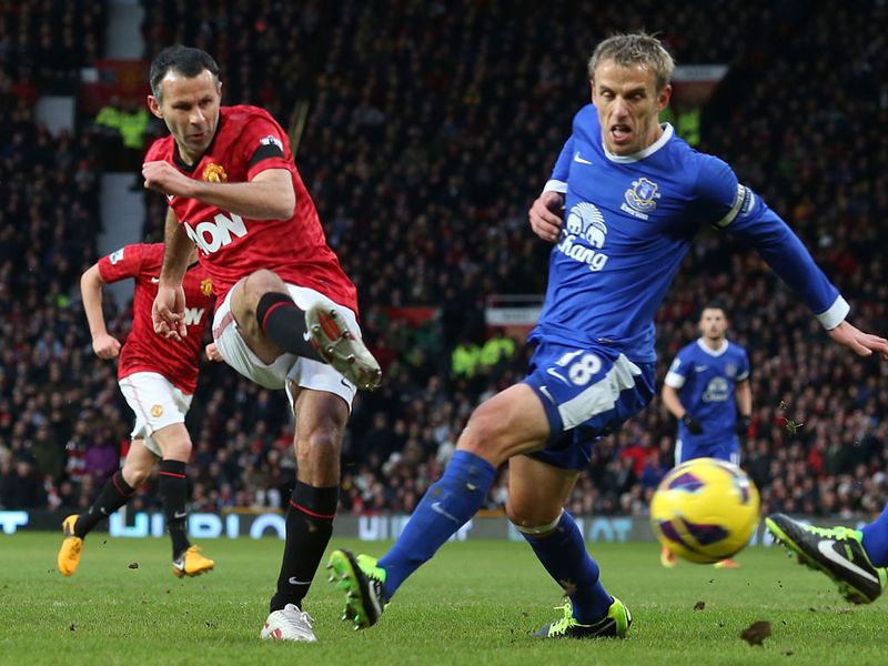 Still going strong in the 2012/13 season, Ryan Giggs finds the net against Everton to continue his Premier League goalscoring record.