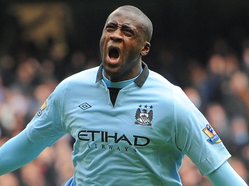 Yaya Toure celebrates putting Manchester City ahead against visiting Chelsea as they secured a 2-0 win at the Etihad Stadium.