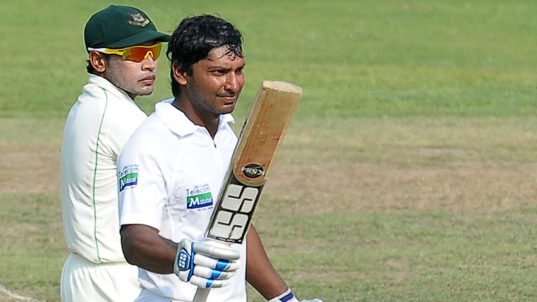 Kumar Sangakkara celebrates his century against Bangladesh in March
