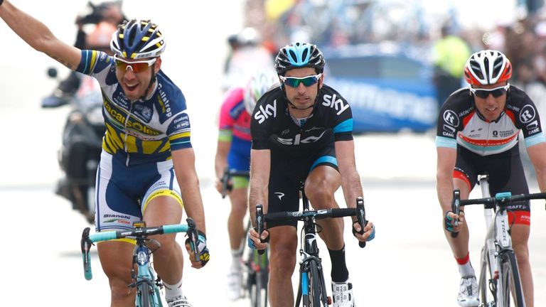 Thomas de Gendt, left, outsprinted David Lopez, centre, and Robert Kiserlovski, right