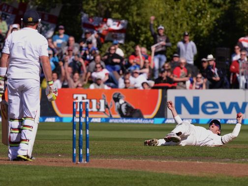 Ian Bell is caught by Hamish Rutherford at cover