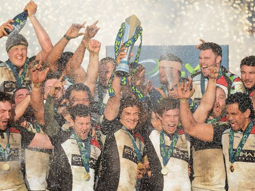 Harlequins lift the LV= Cup after their win over Sale