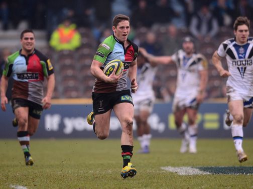 Tom Williams blasts clear to score for Harlequins