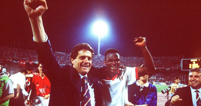 Fabio Capello and Marcel Desailly celebrate Champions League glory