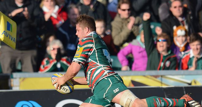 Edward Slater touches down for one of his two tries at Welford Road