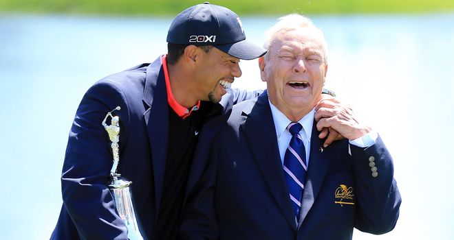 Tiger Woods celebrates at Bay Hill with the legendary Arnold Palmer