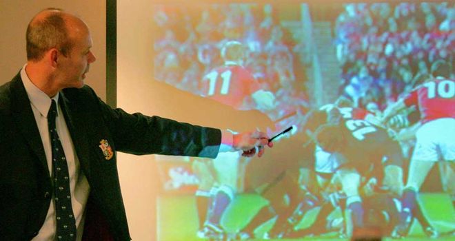 Sir Clive Woodward points out the spear tackle to a press conference in 2005