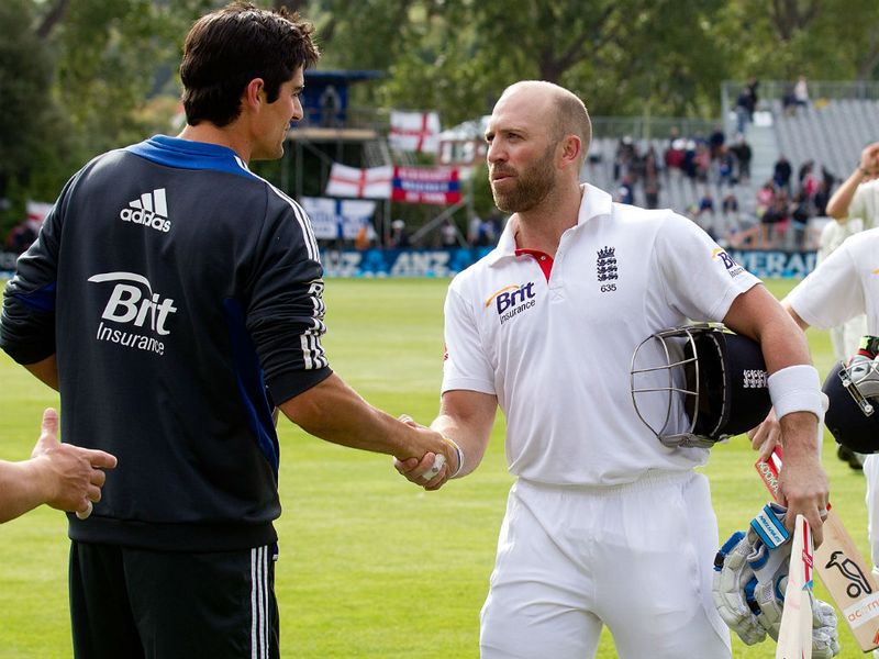 Unbeaten England batsman Matt Prior shakes hands with team captain Alastair Cook at the end of play