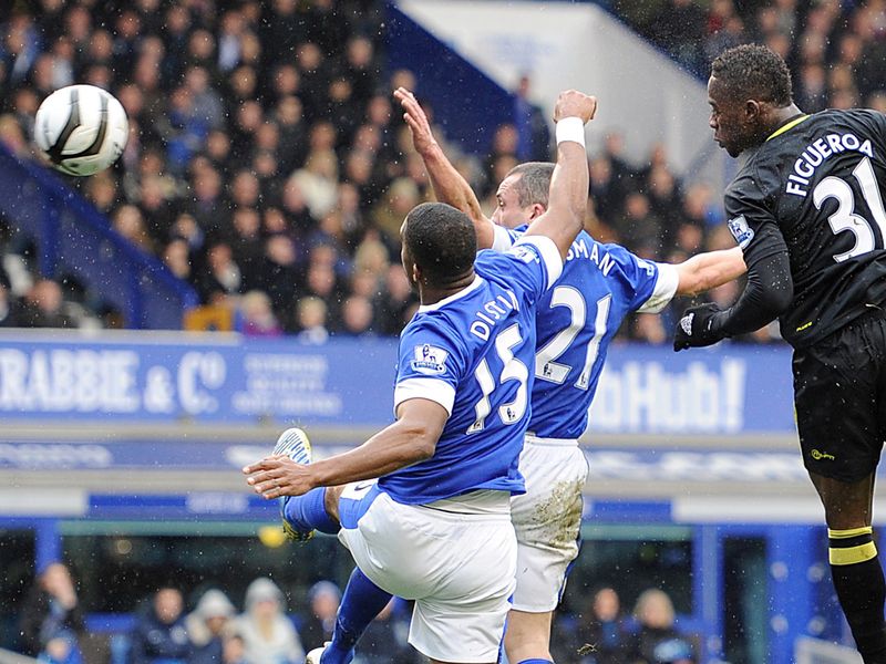 Maynor Figueroa heads home the opener for Wigan at Goodison