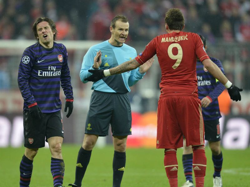Bayern Munich striker Mario Mandzukic complains to the referee at the Allianz Arena
