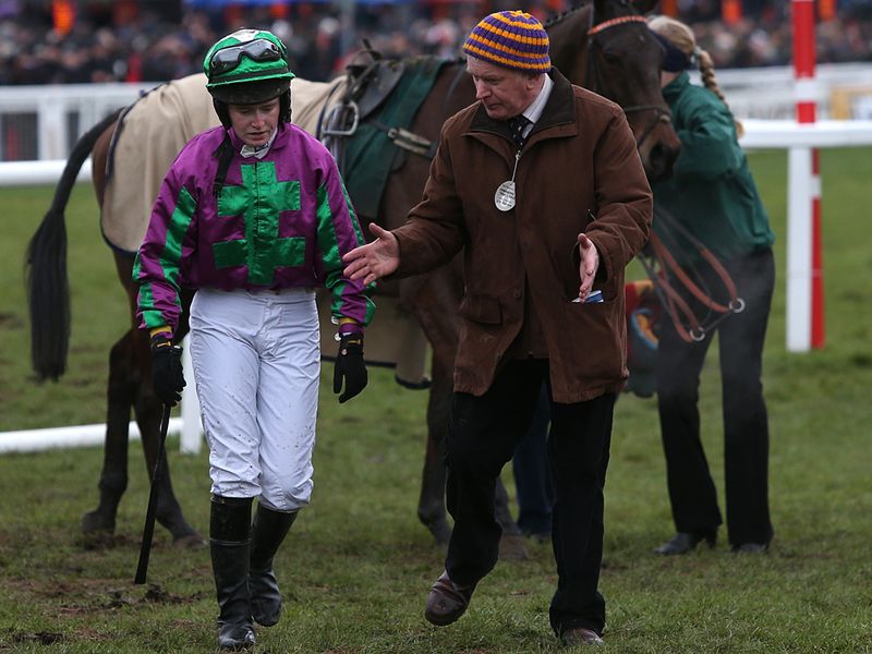 Jane Mangan and father, Jimmy, discuss her spill in the Foxhunter chase