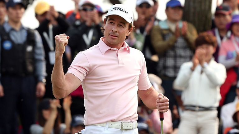 Brett Rumford: Celebrates his winning eagle