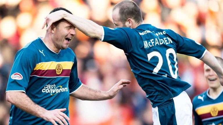 Michael Higdon: Celebrates with James McFadden at Tannadice