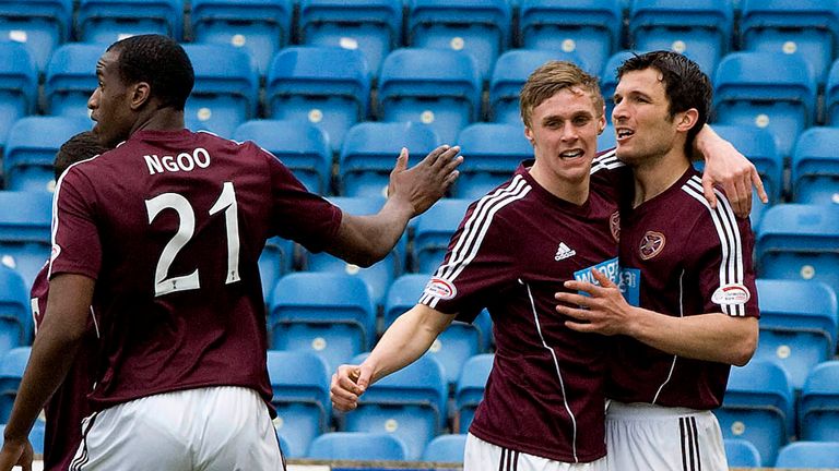 John Sutton: Celebrates after scoring the winner for Hearts at Kilmarnock
