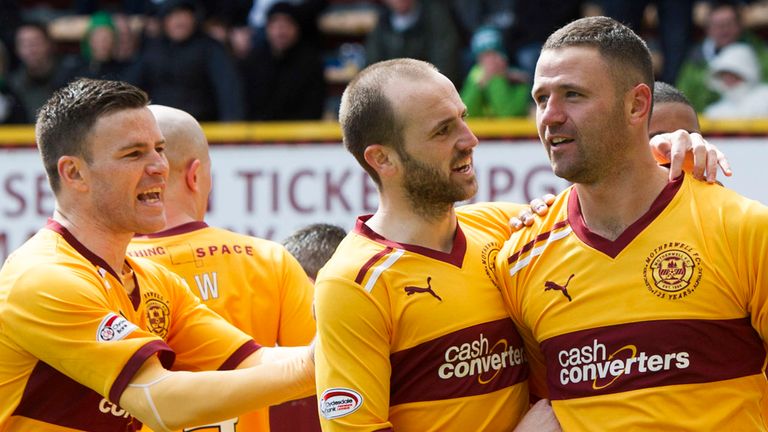 Michael Higdon: Is congratulated after netting second against Celtic
