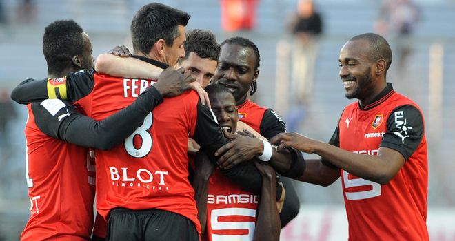 Rennes celebrate Abdoulaye Doucoure's goal