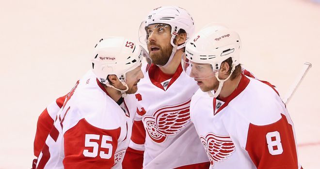 The Detroit Red Wings celebrate a goal against the Dallas Stars