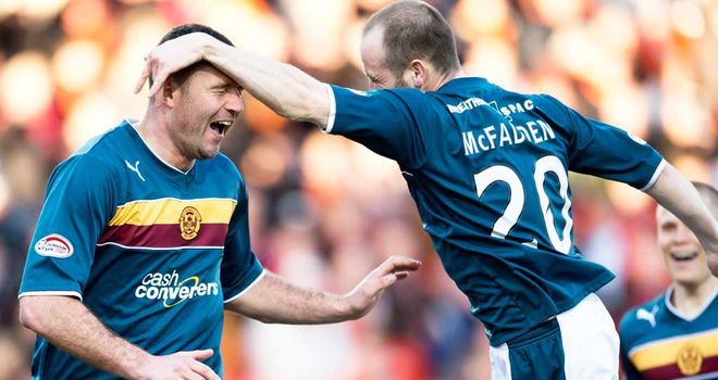 Michael Higdon: Celebrates with James McFadden at Tannadice