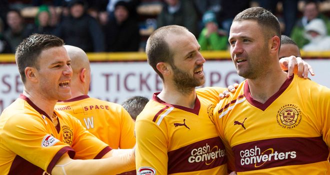 Michael Higdon: Is congratulated after netting second against Celtic