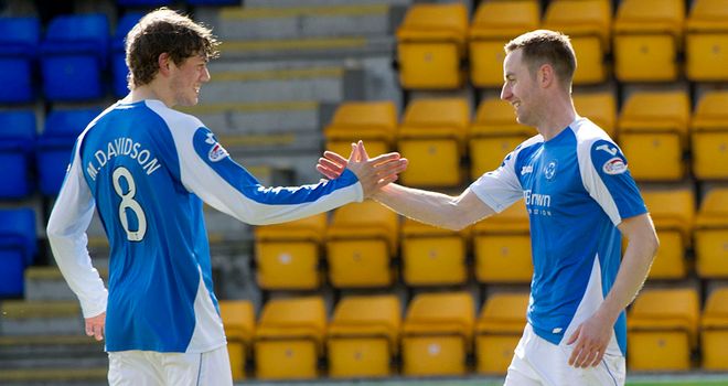 Murray Davidson (left): Celebrates his first-half header