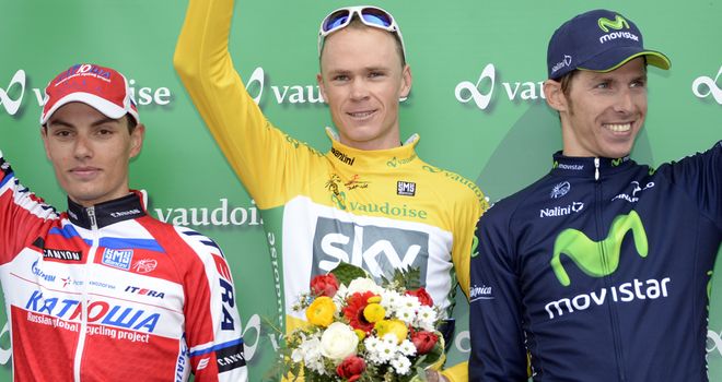 Chris Froome claimed overall victory ahead of Simon Spilak, left, and Rui Costa, right