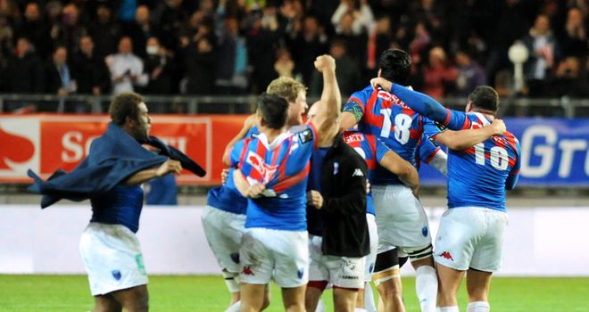 Grenoble celebrate their famous victory over Toulon on Saturday