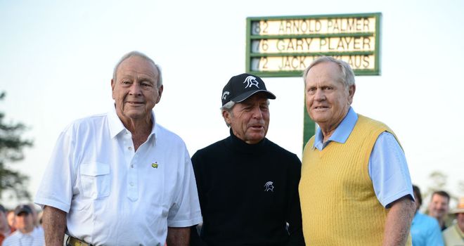 Three Augusta National legends: (L-R) Arnold Palmer, Gary Player and Jack Nicklaus