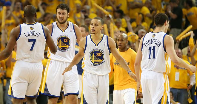 Golden State Warriors celebrate beating the Denver Nuggets