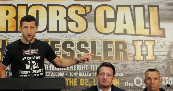 Carl Froch speaks to the media during the press conference ahead of his fight with Mikkel Kessler