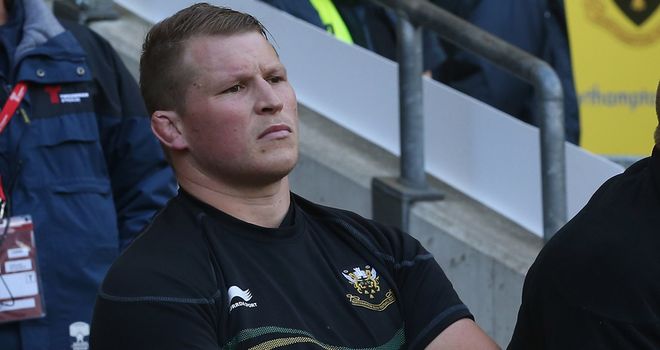 Dylan Hartley sits on the bench after his red card at Twickenham