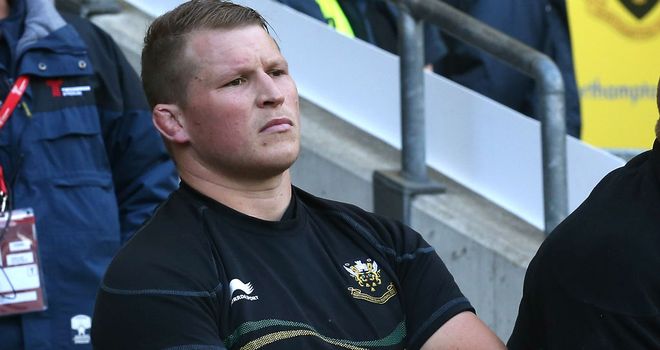 Dylan Hartley watches from the bench after his sending off