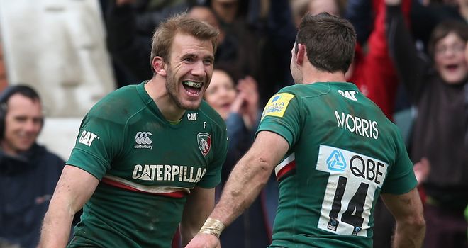 Tom Croft celebrates his try against Harlequins