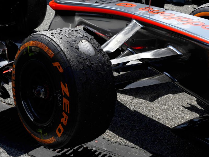 The bald Pirelli tyre of Sergio Perez
