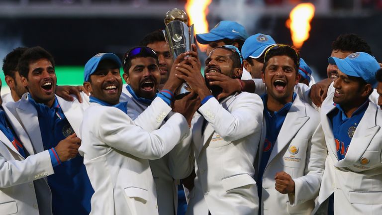 India celebrate their success in the 2013 Champions Trophy after edging out England by five runs in the final