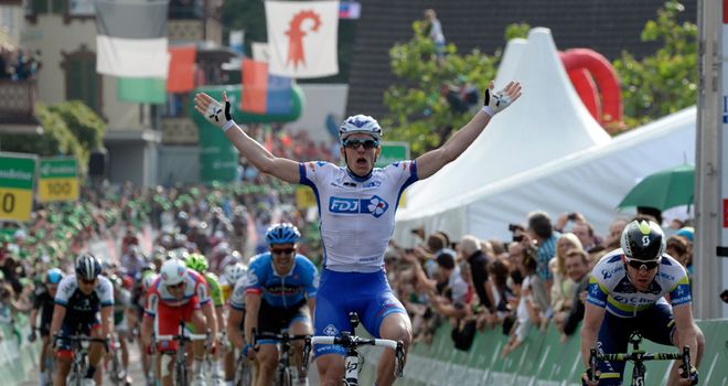 Demare celebrates his narrow sprint victory