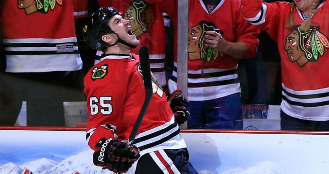 Andrew Shaw celebrates his goal for the Blackhawks