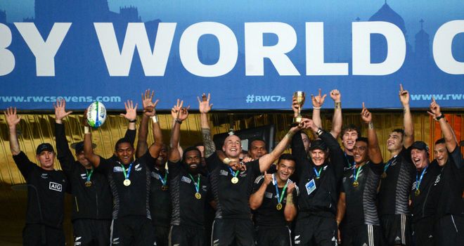 New Zealand celebrate their Rugby World Cup Sevens triumph