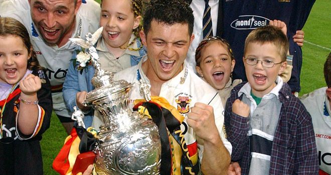 Robbie Hunter-Paul celebrates Bradford's 2003 Challenge Cup win