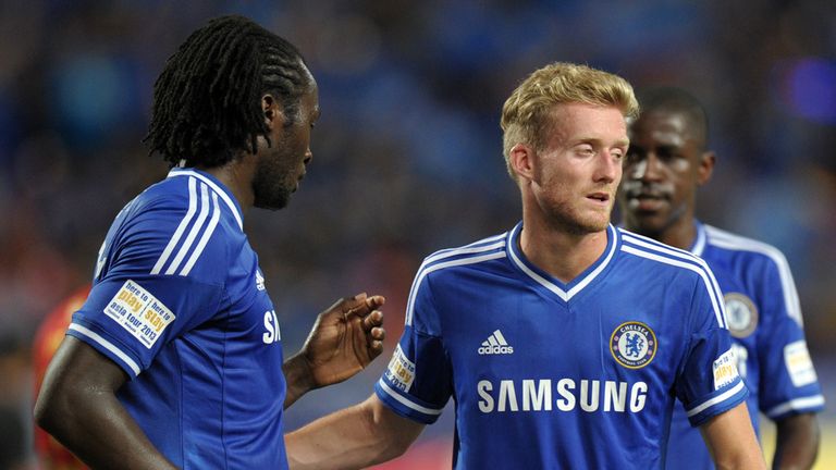 Romelu Lukaku (l): Congratulated on his goal by Andre Schurrle