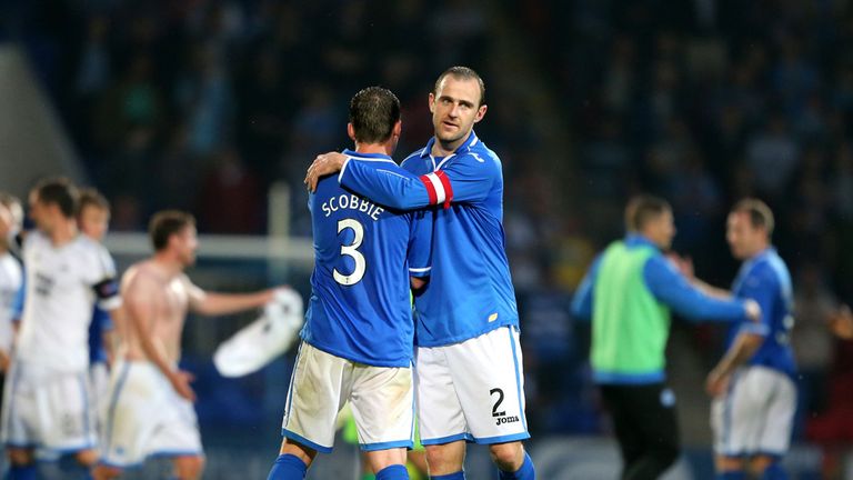 St Johnstone's Dave Mackay and Tam Scobbie celebrate at the final whistle