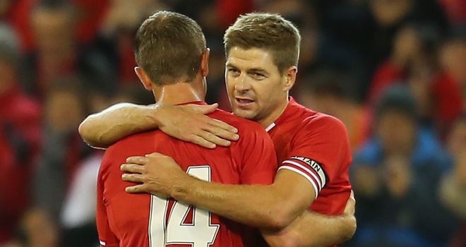 Steven Gerrard: Celebrates Liverpool's opener with Jordan Henderson