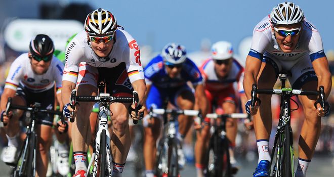 Marcel Kittel, right, beat Andre Greipel, centre, and Mark Cavendish, left