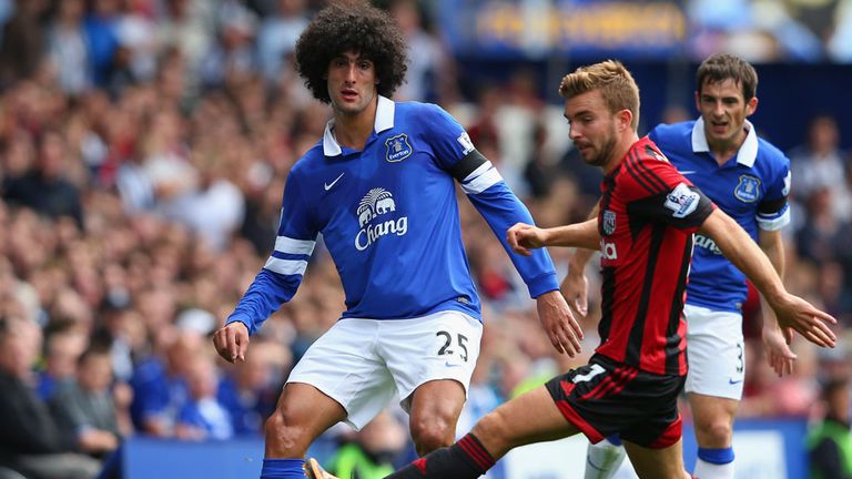 Marouane Fellaini was denied by the post in Everton's draw with West Brom
