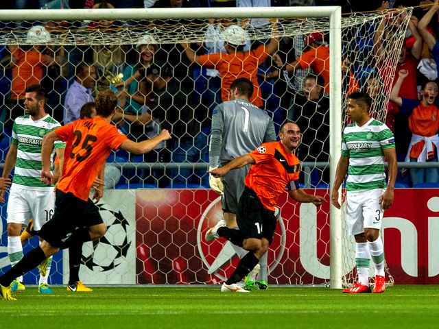 Andrei Finonchenko celebrates his goal for Shakhter Karagandy