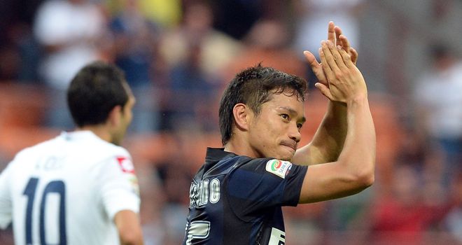 Yuto Nagatomo celebrates his goal for Inter Milan