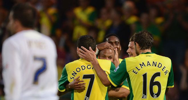 Martin Olsson: Swede celebrates after putting Norwich in front against Bury