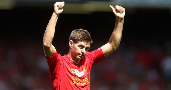 Steven Gerrard accepts the acclaim during his testimonial against Olympiacos
